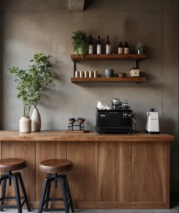 Siège et comptoir en bois avec matériel à café sur le bar et étagère en bois sur un mur en ciment brut.