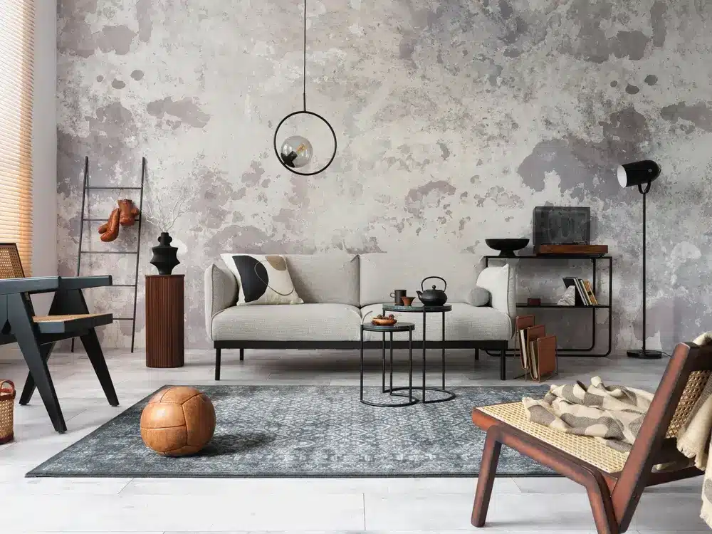Style loft de l'appartement moderne avec canapé design gris, fauteuils, échelle, table basse noire, échelle noire, lampe verte, moquette, décoration et accessoires élégants.